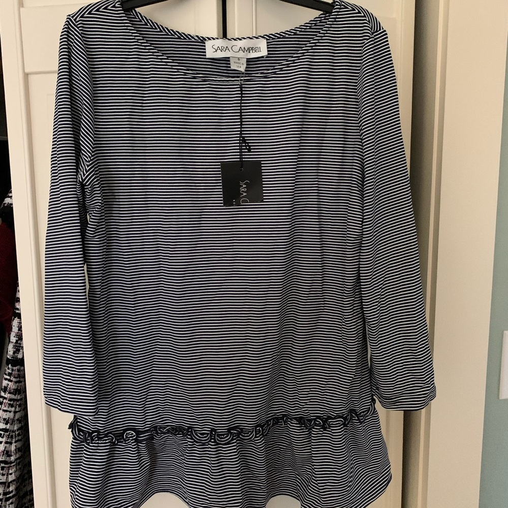 New Sara Campbell navy/white striped peplum top